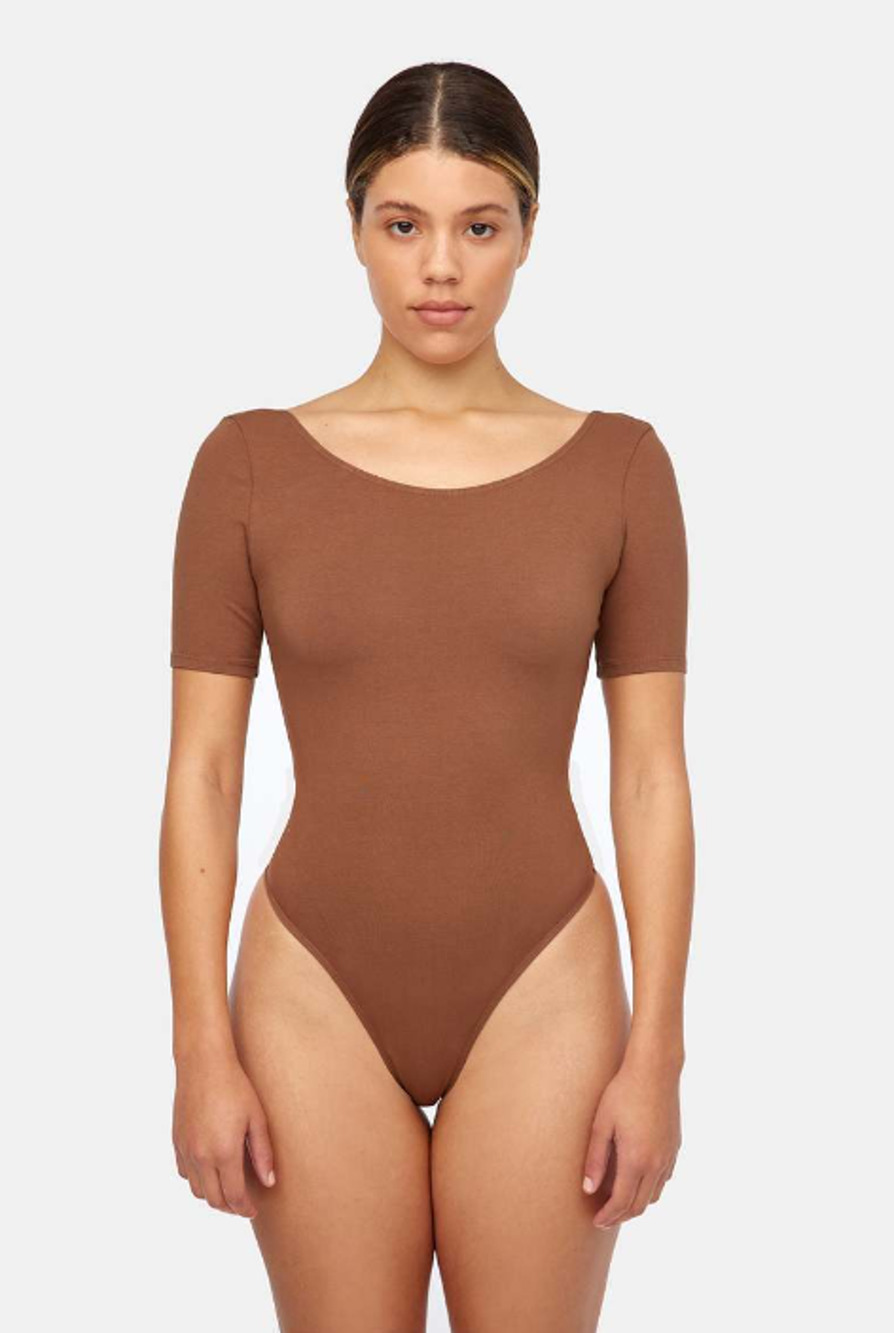 LACAUSA ANTHROPOLOGIE Womens Dawn Bodysuit Large Mocha Brown Short Sleeve NWT